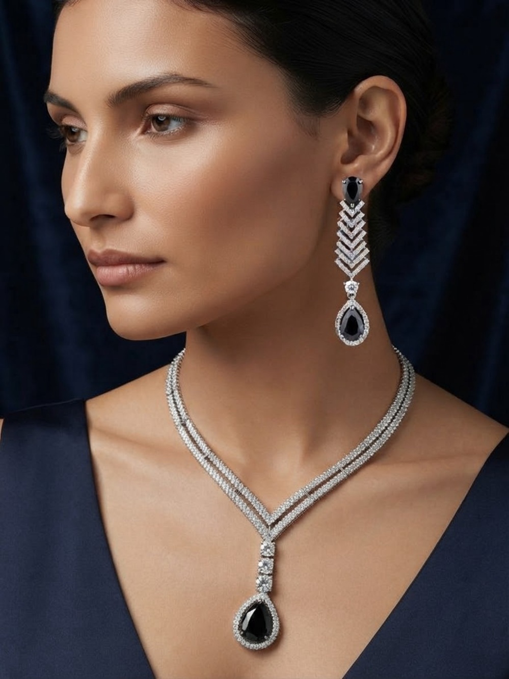 Elegant Black Teardrop Pendant Necklace and Earrings AD Set